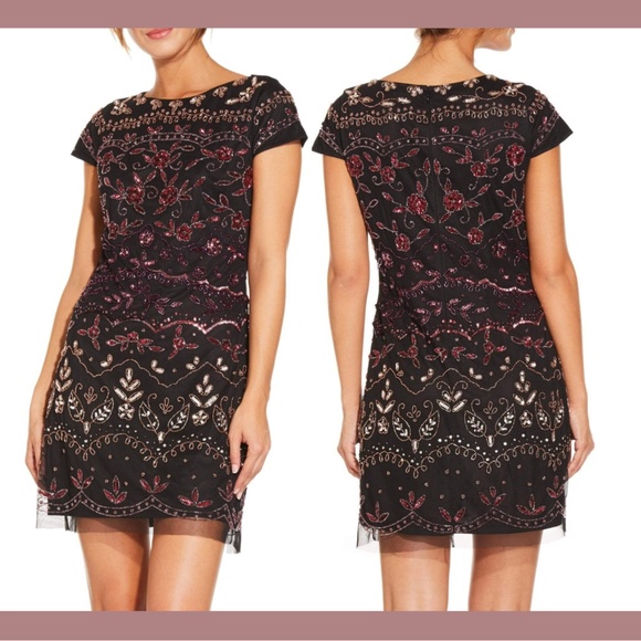 NWT Adrianna‎ Papell [ 16 ] Embellish Beaded Bateau Mesh Sheath Dress Black - Picture 1 of 16